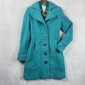 D.E.P.T. Teal Boucle Wool Blend Small Coat Button Front Quiet Luxury Old Money